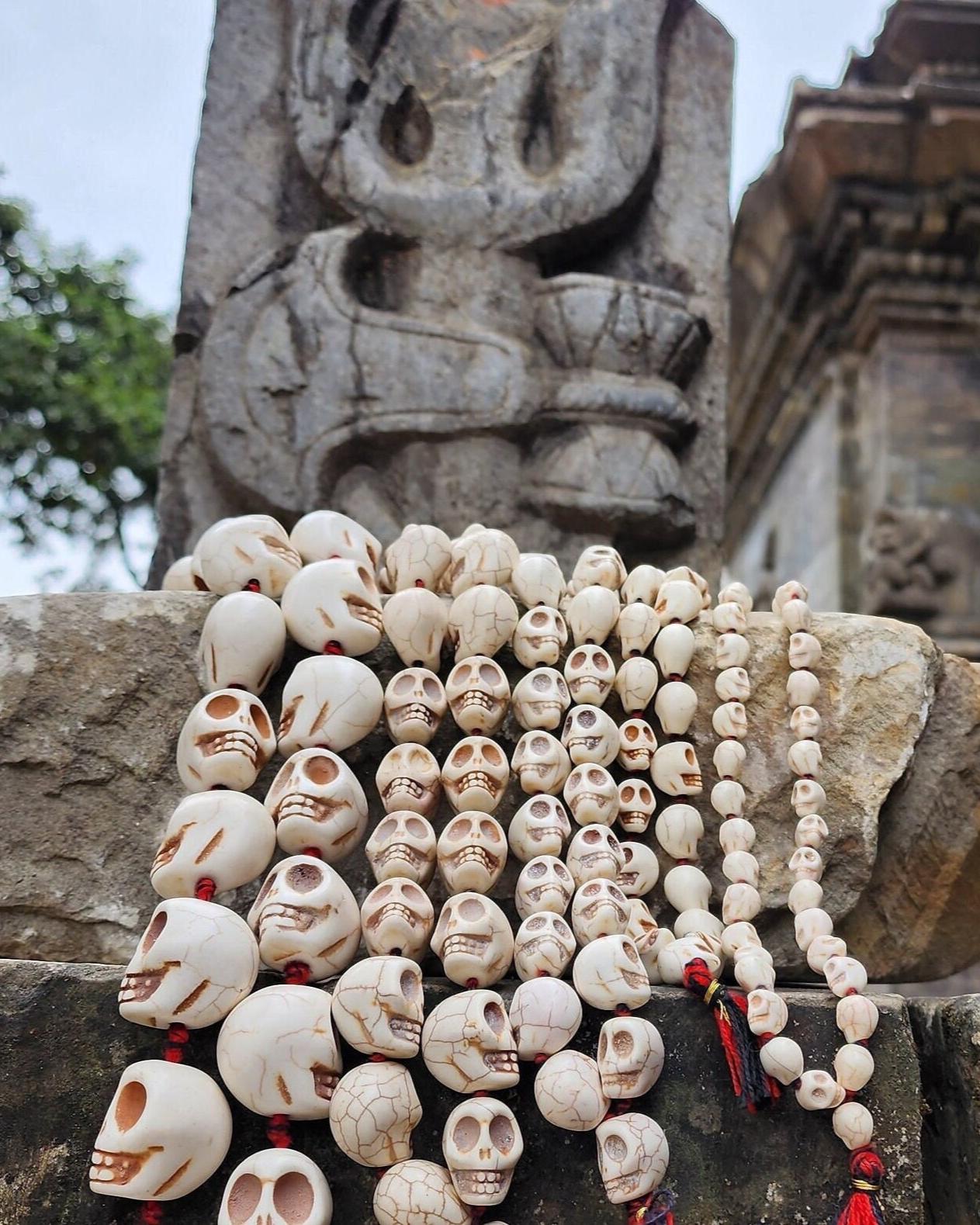 Howlite Ma Kali Skull Prayer Beads, Hand Knotted Maha Kalika Necklace From Nepal