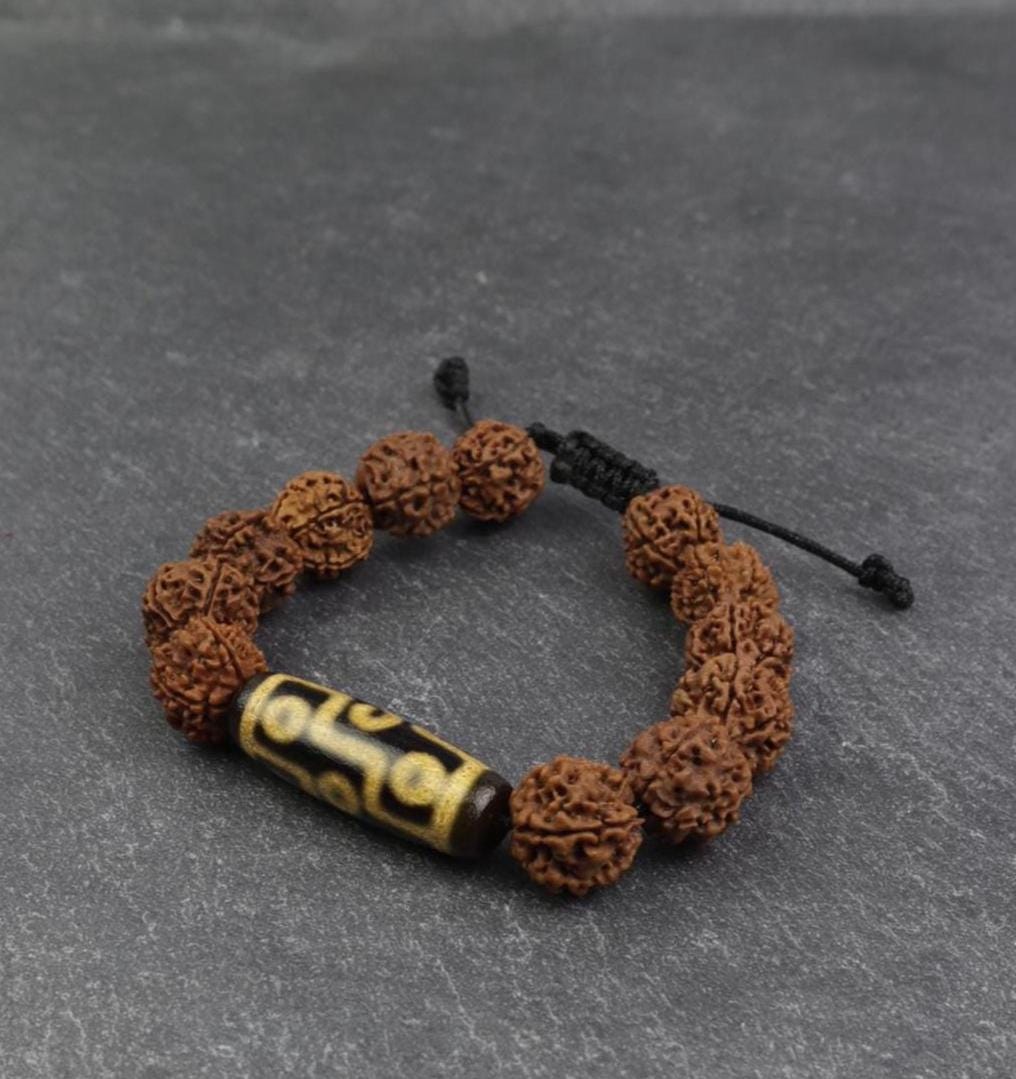 Dzi Rudraksha Bracelet, Tibetan Dzi & Nepali 5 Face Rudraksha