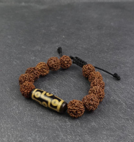 Dzi Rudraksha Bracelet, Tibetan Dzi & Nepali 5 Face Rudraksha