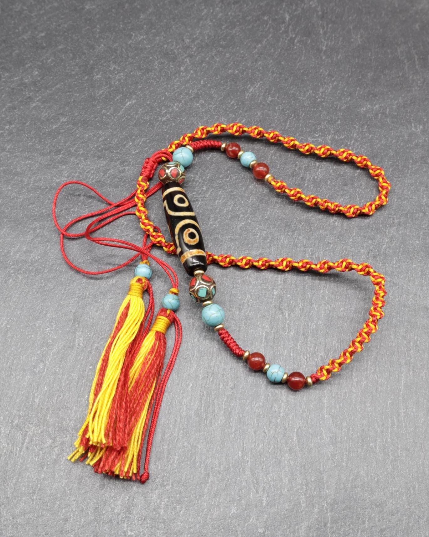 Antique Tibetan Dzi Bead Necklace, Old 3 Eye Himalayan Protection Amulet