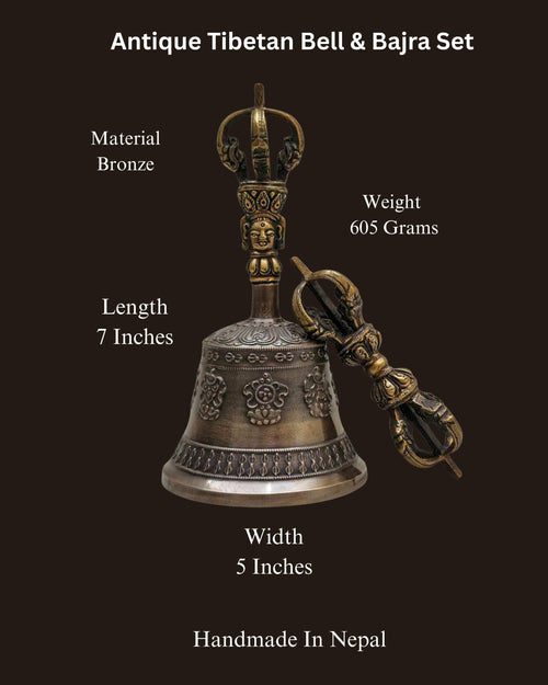 Antique Tibetan Bell And Vajra Set Ashta Mangala Symbols Free Brocade Cover