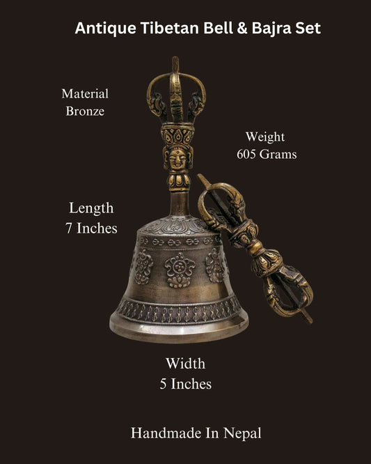Antique bronze Tibetan bell and bajra set, handmade in Nepal, 7 inches long.