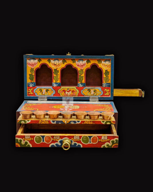 Hand-painted traditional Tibetan Buddhist offering box with seven copper bowls