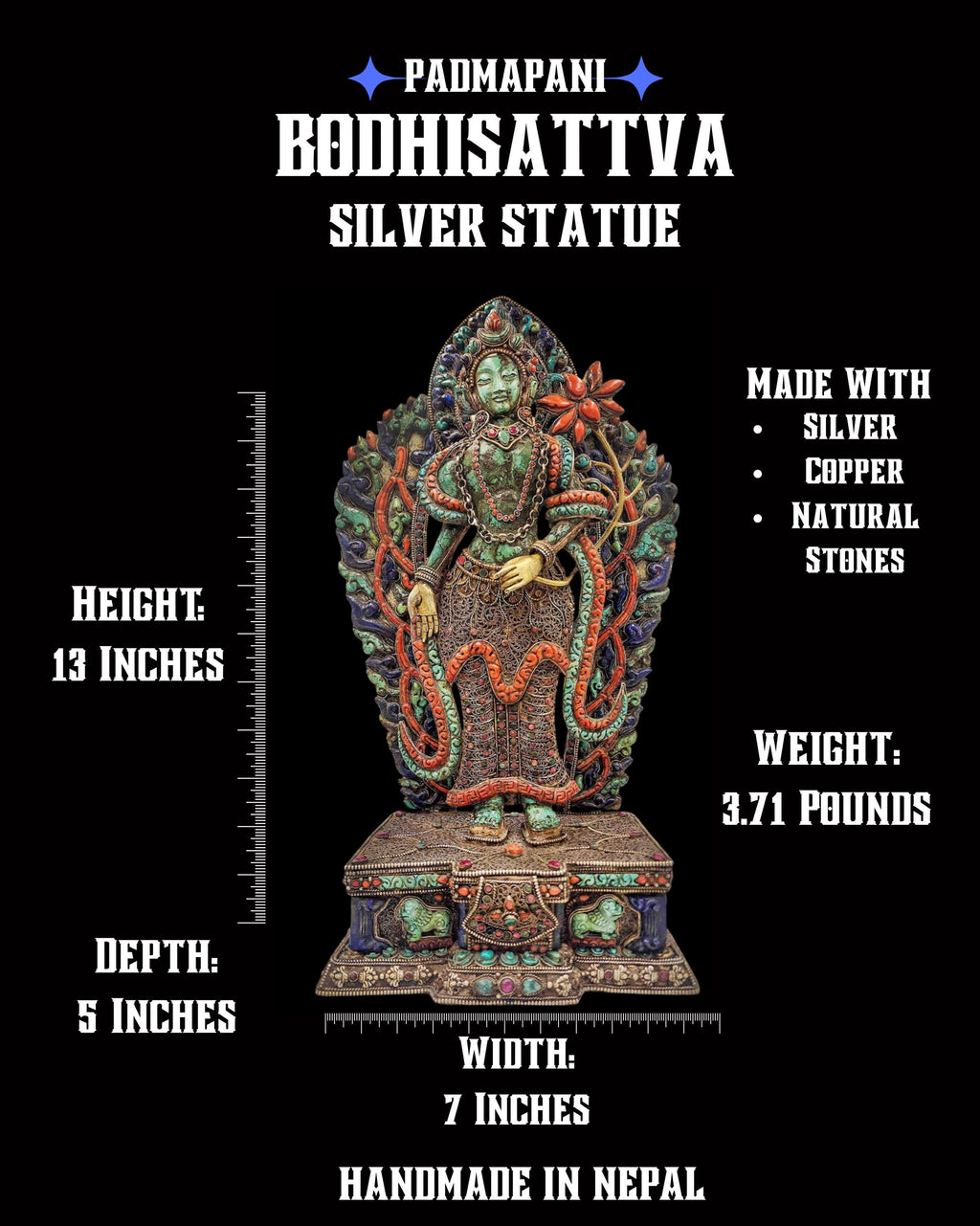 Vintage Silver Padmapani Lokeshvara Statue 1980's Himalayan Collectible