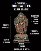 Vintage Silver Padmapani Lokeshvara Statue 1980's Himalayan Collectible