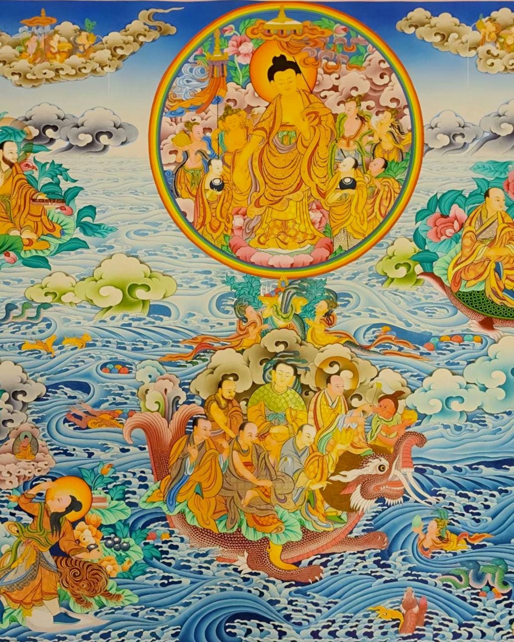 Paani Buddha Thangka - 16 Arhats & 10 Bodhisattvas Master Quality 36x79