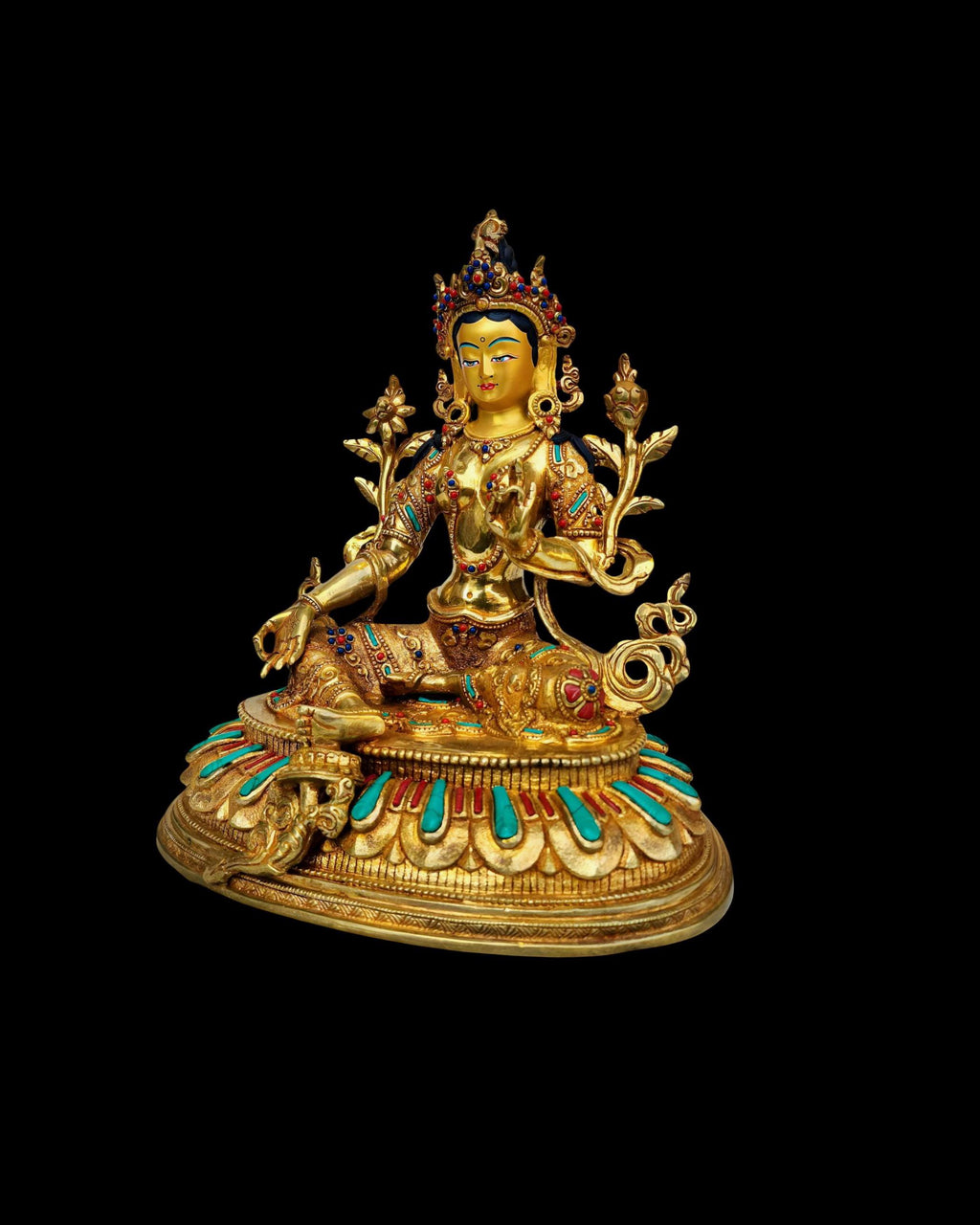 Green Tara Masterpiece Statue, Full Gold Plated, Hand Painted Sacred Art