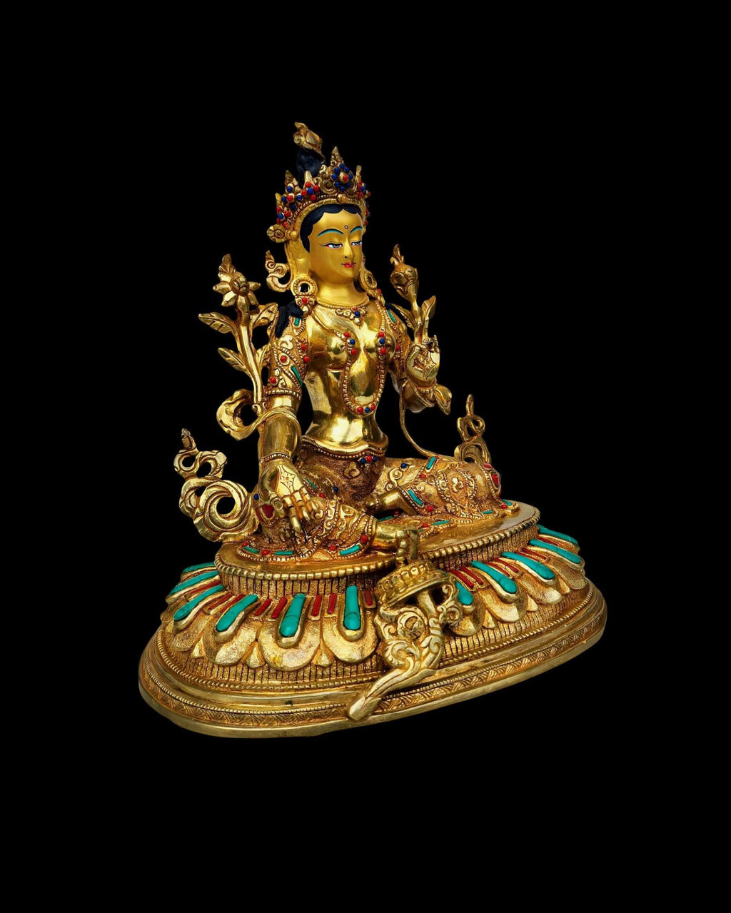 Green Tara Masterpiece Statue, Full Gold Plated, Hand Painted Sacred Art