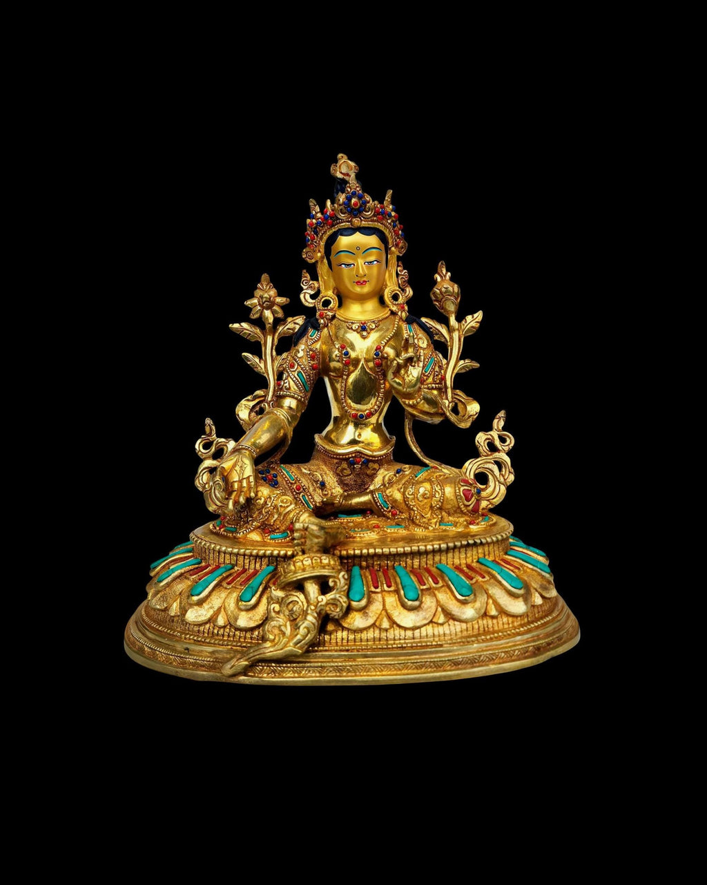 Green Tara Masterpiece Statue, Full Gold Plated, Hand Painted Sacred Art