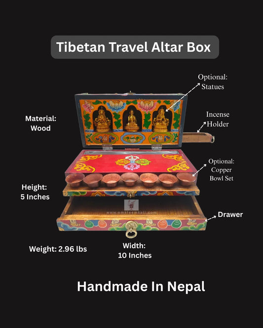 Handmade wooden Tibetan travel altar box from Nepal with statues, copper bowls and drawer.