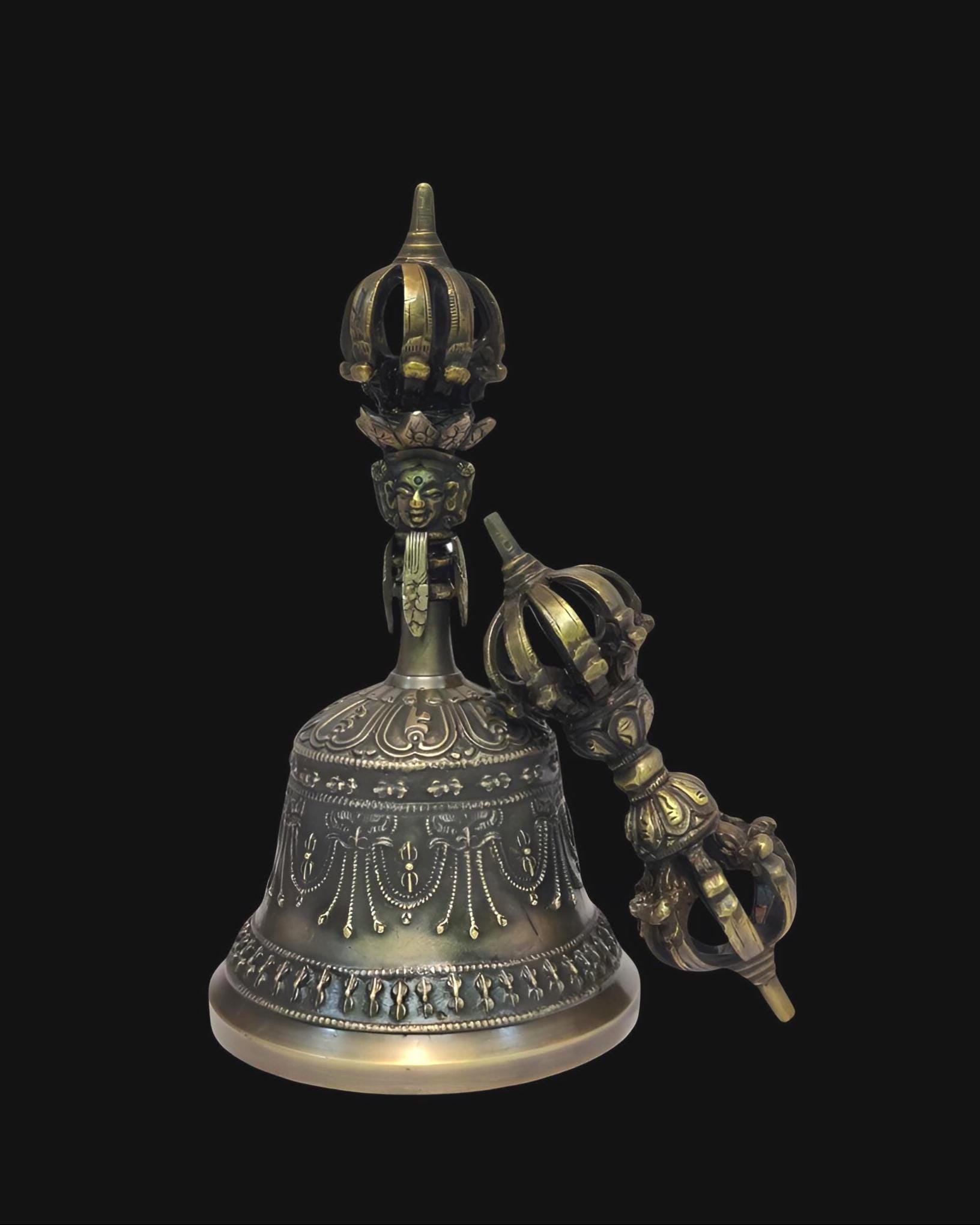 Antique Tibetan Bell And Vajra Set With Metal Cover