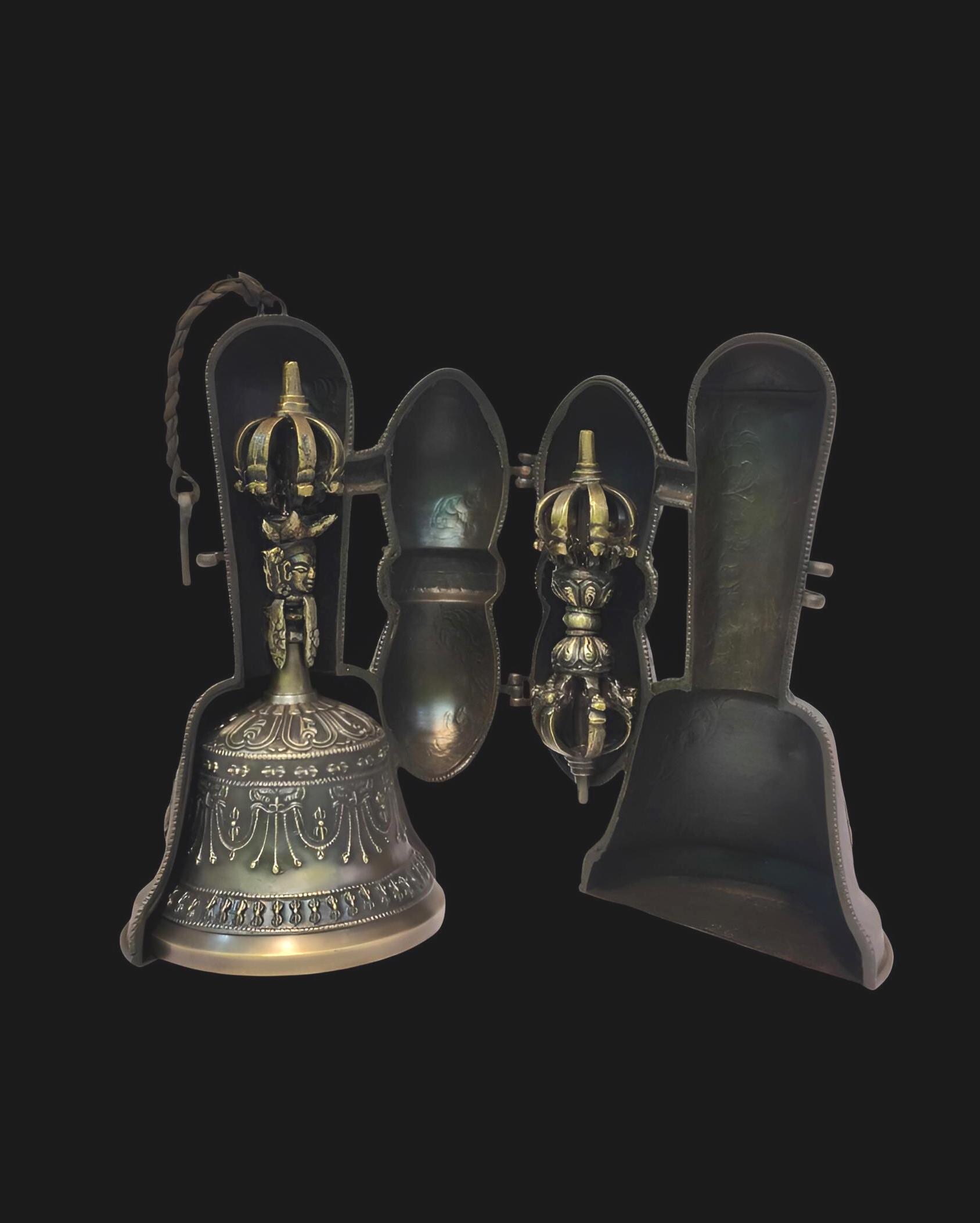 Antique Tibetan Bell And Vajra Set With Metal Cover