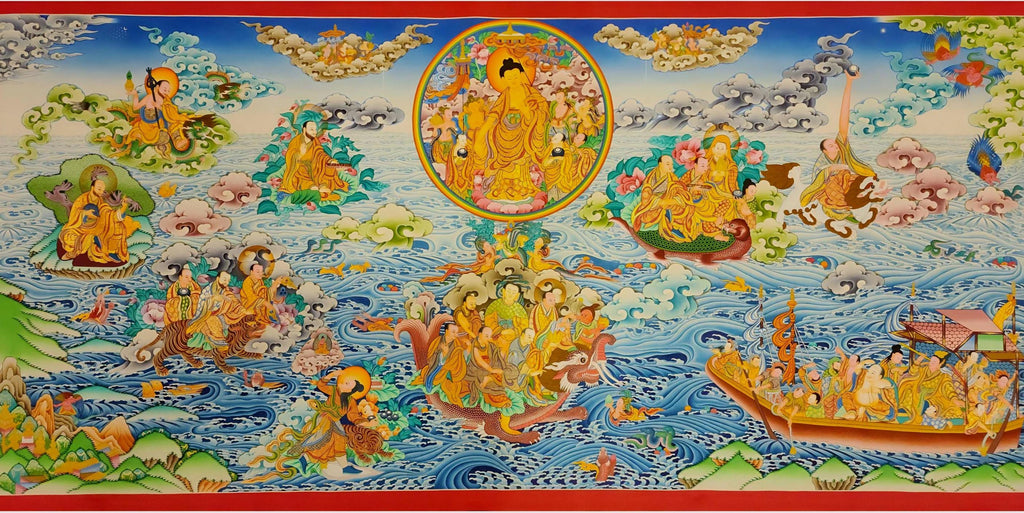 Paani Buddha Thangka - 16 Arhats & 10 Bodhisattvas Master Quality 36x79