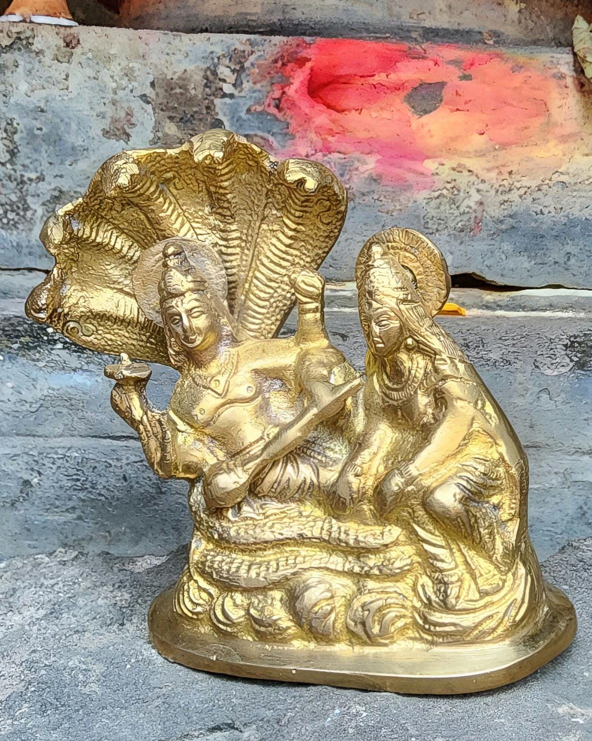 Lakshmi Narayan Brass Statue, Hindu Deity Vishnu And Laxmi Sculpture