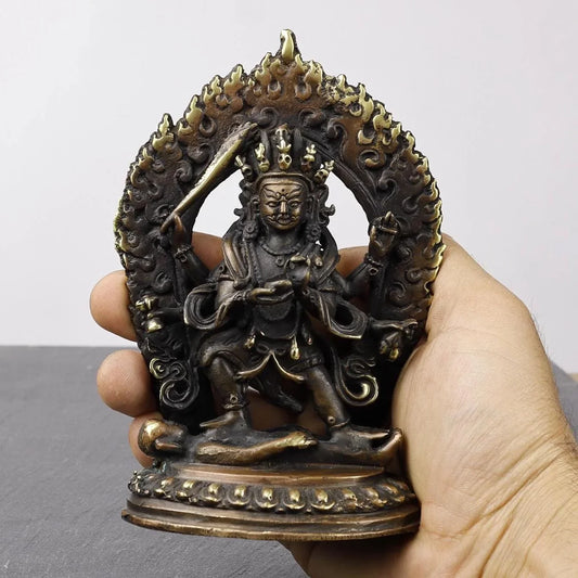 Om Kleem Kali Kaal Bhairav bronze statue with flaming aureole and protective deity sculpture