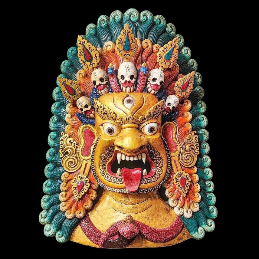 Large Bhairav Wooden Mask, Protective Deity Wall Art - Gold Finish