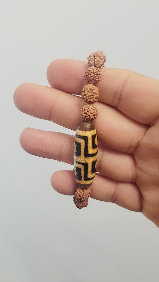 Dzi Rudraksha Bracelet, Tibetan Dzi & Nepali 5 Face Rudraksha