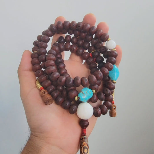 Bodhi Chitta Mala Tibetan Prayer Beads With Sankha Shell, Natural Dzi, Turquoise